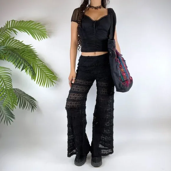 Vintage Y2K Black Lace Whimsigoth Low Rise Flare Fairy Grunge Pants / Size: S - Picture 5 of 6